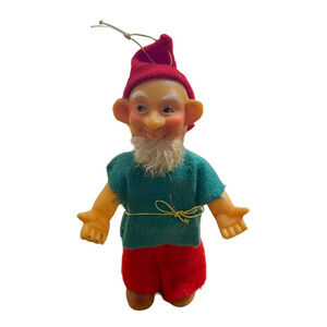 Vintage Elf Mini Troll Gnome  Bearded Plastic Christmas Hanging Unusual Ornament